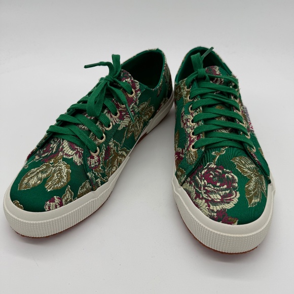 Superga Women’s 11 Green Red Fuchsia  Gold Floral Brocade Sneakers NWOT - Picture 1 of 14